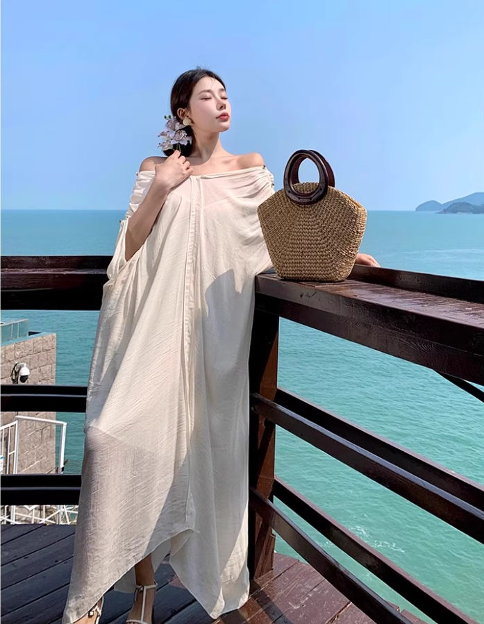 Dreamy V-Neck Beige Kaftan With Spaghetti Strap Maxi Dress Chic Beach Vacays Ruched Sleeve Long Dress AP1514