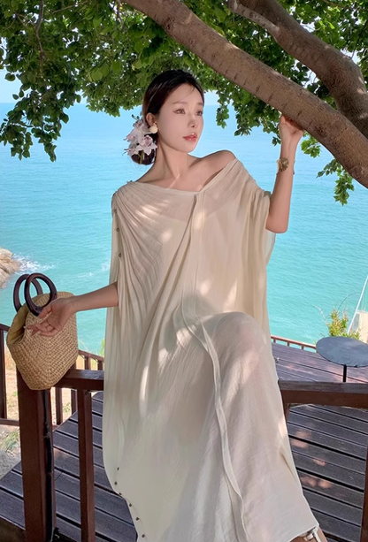 Dreamy V-Neck Beige Kaftan With Spaghetti Strap Maxi Dress Chic Beach Vacays Ruched Sleeve Long Dress AP1514