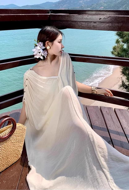 Dreamy V-Neck Beige Kaftan With Spaghetti Strap Maxi Dress Chic Beach Vacays Ruched Sleeve Long Dress AP1514