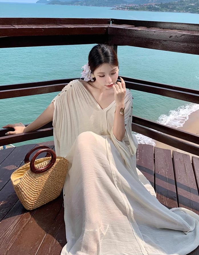 Dreamy V-Neck Beige Kaftan With Spaghetti Strap Maxi Dress Chic Beach Vacays Ruched Sleeve Long Dress AP1514