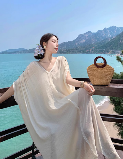 Dreamy V-Neck Beige Kaftan With Spaghetti Strap Maxi Dress Chic Beach Vacays Ruched Sleeve Long Dress AP1514