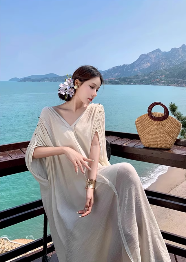 Dreamy V-Neck Beige Kaftan With Spaghetti Strap Maxi Dress Chic Beach Vacays Ruched Sleeve Long Dress AP1514