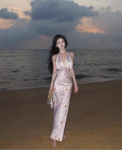 Romantic Deep V-Neck Cutout Floral Print Maxi Dress Vogue Bodycon Ruffles Splicing Coastal Trips Tie-Back Halter Long Dress AP1515