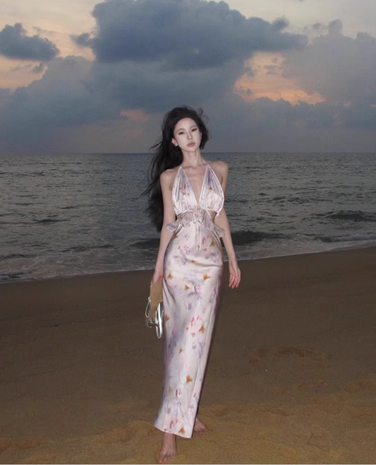 Romantic Deep V-Neck Cutout Floral Print Maxi Dress Vogue Bodycon Ruffles Splicing Coastal Trips Tie-Back Halter Long Dress AP1515