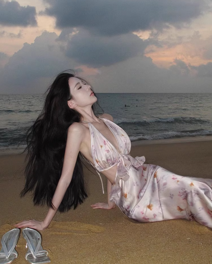 Romantic Deep V-Neck Cutout Floral Print Maxi Dress Vogue Bodycon Ruffles Splicing Coastal Trips Tie-Back Halter Long Dress AP1515