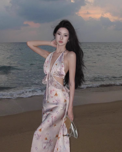 Romantic Deep V-Neck Cutout Floral Print Maxi Dress Vogue Bodycon Ruffles Splicing Coastal Trips Tie-Back Halter Long Dress AP1515