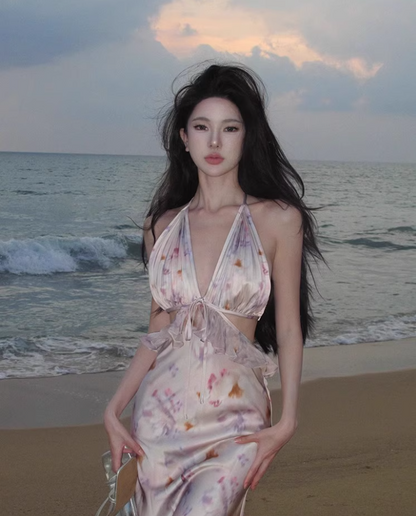 Romantic Deep V-Neck Cutout Floral Print Maxi Dress Vogue Bodycon Ruffles Splicing Coastal Trips Tie-Back Halter Long Dress AP1515