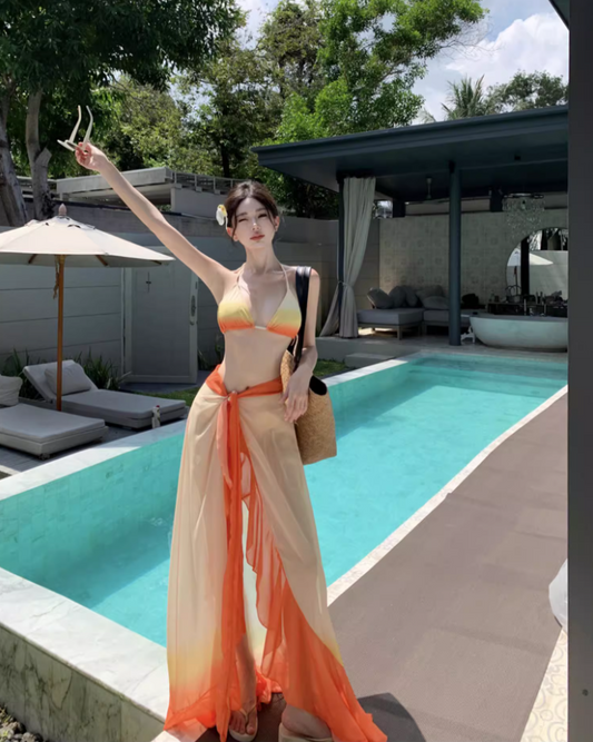 Vibrant Orange Ombre Bikini Two-Piece Set Maxi Dress Chic Triangle Top Ruffles Hem Sheer Sarong Halter Long Dress AP1516
