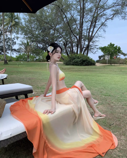 Vibrant Orange Ombre Bikini Two-Piece Set Maxi Dress Chic Triangle Top Ruffles Hem Sheer Sarong Halter Long Dress AP1516
