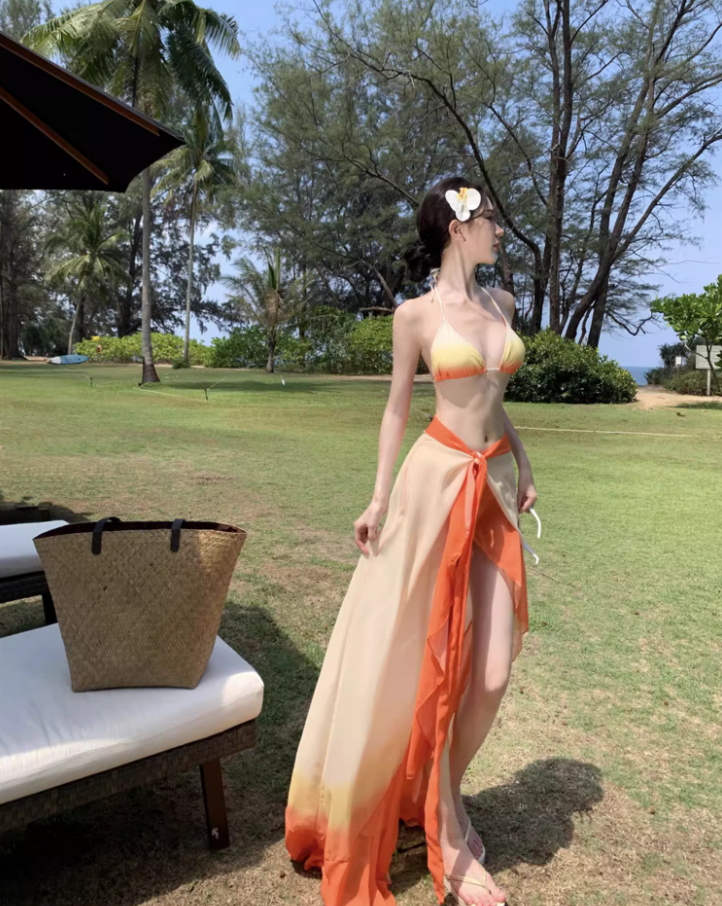 Vibrant Orange Ombre Bikini Two-Piece Set Maxi Dress Chic Triangle Top Ruffles Hem Sheer Sarong Halter Long Dress AP1516