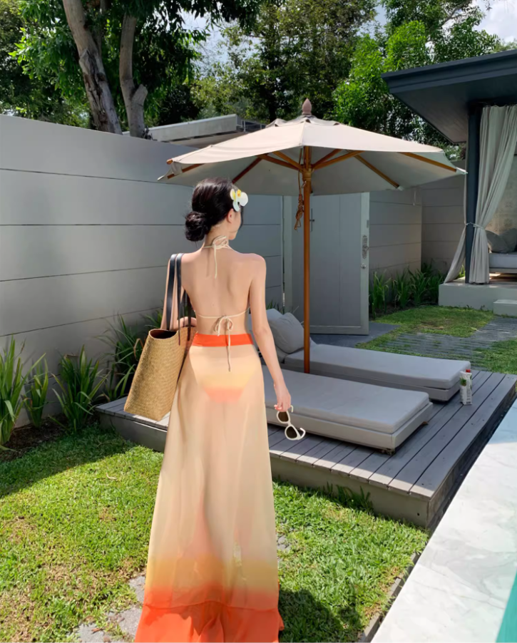 Vibrant Orange Ombre Bikini Two-Piece Set Maxi Dress Chic Triangle Top Ruffles Hem Sheer Sarong Halter Long Dress AP1516