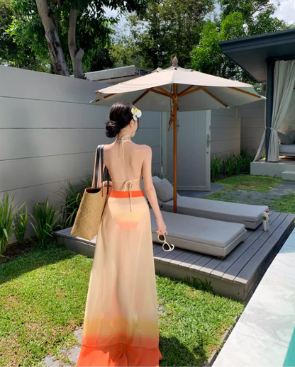 Vibrant Orange Ombre Bikini Two-Piece Set Maxi Dress Chic Triangle Top Ruffles Hem Sheer Sarong Halter Long Dress AP1516