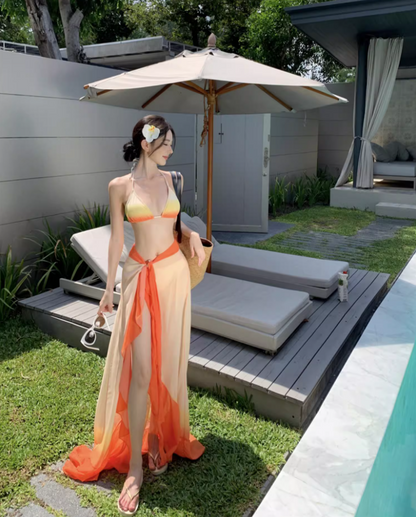 Vibrant Orange Ombre Bikini Two-Piece Set Maxi Dress Chic Triangle Top Ruffles Hem Sheer Sarong Halter Long Dress AP1516