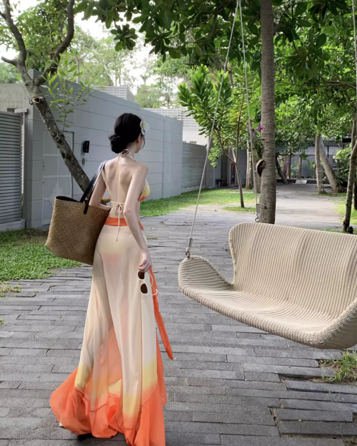 Vibrant Orange Ombre Bikini Two-Piece Set Maxi Dress Chic Triangle Top Ruffles Hem Sheer Sarong Halter Long Dress AP1516