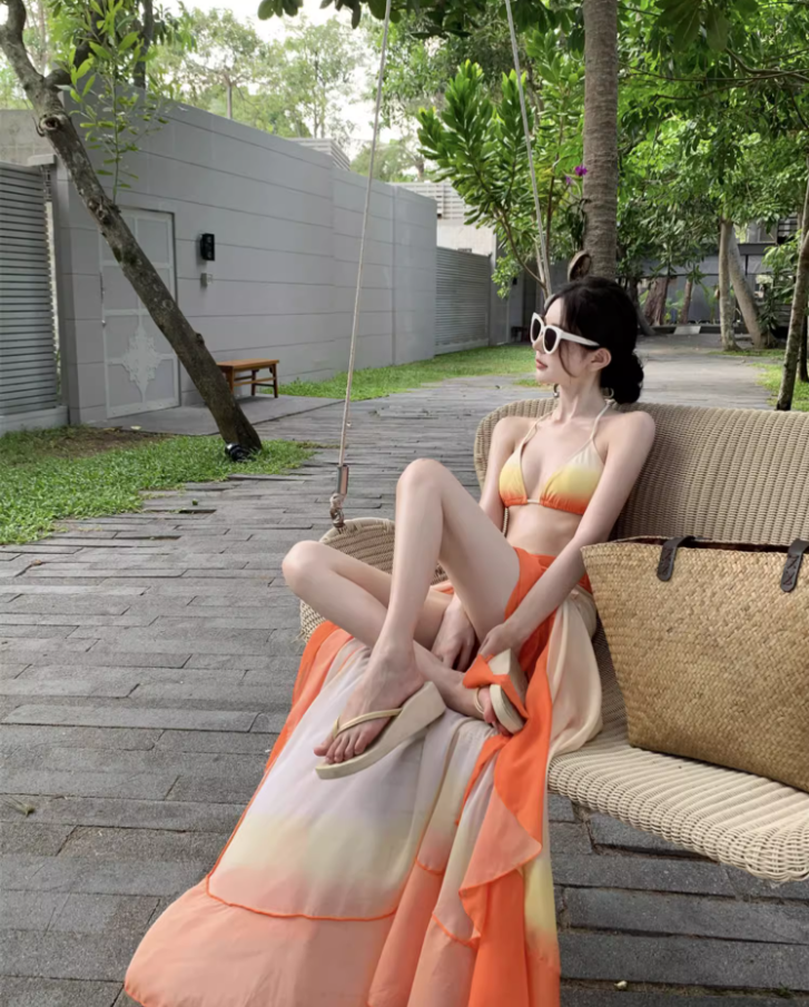 Vibrant Orange Ombre Bikini Two-Piece Set Maxi Dress Chic Triangle Top Ruffles Hem Sheer Sarong Halter Long Dress AP1516