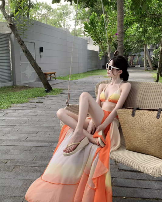 Vibrant Orange Ombre Bikini Two-Piece Set Maxi Dress Chic Triangle Top Ruffles Hem Sheer Sarong Halter Long Dress AP1516