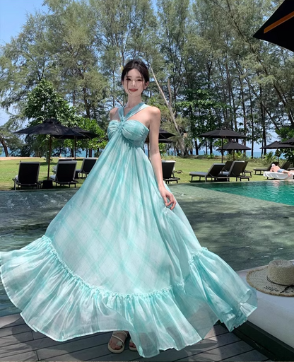 Vogue Mint Green Plaid Twist-Front Maxi Dress Charming Crisscross Flowy Ruffle Hem Halter Long Dress AP1517