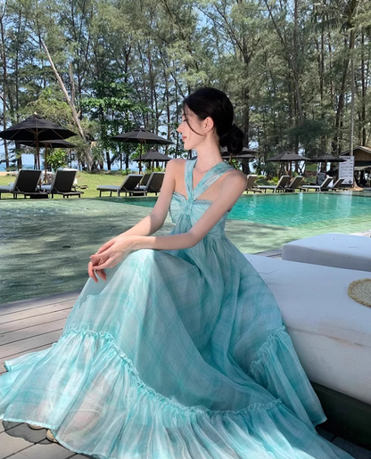 Vogue Mint Green Plaid Twist-Front Maxi Dress Charming Crisscross Flowy Ruffle Hem Halter Long Dress AP1517