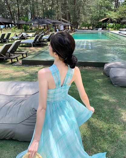 Vogue Mint Green Plaid Twist-Front Maxi Dress Charming Crisscross Flowy Ruffle Hem Halter Long Dress AP1517