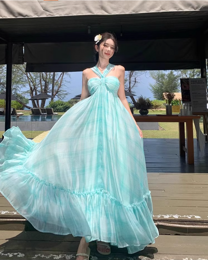 Vogue Mint Green Plaid Twist-Front Maxi Dress Charming Crisscross Flowy Ruffle Hem Halter Long Dress AP1517