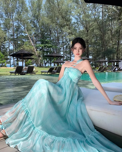 Vogue Mint Green Plaid Twist-Front Maxi Dress Charming Crisscross Flowy Ruffle Hem Halter Long Dress AP1517