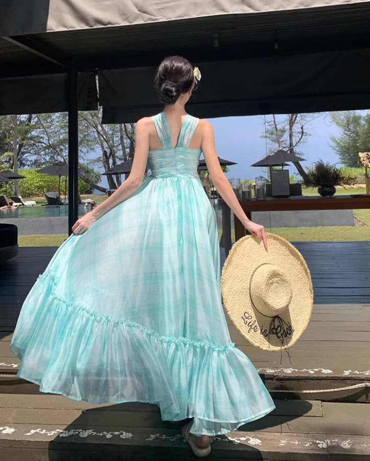 Vogue Mint Green Plaid Twist-Front Maxi Dress Charming Crisscross Flowy Ruffle Hem Halter Long Dress AP1517