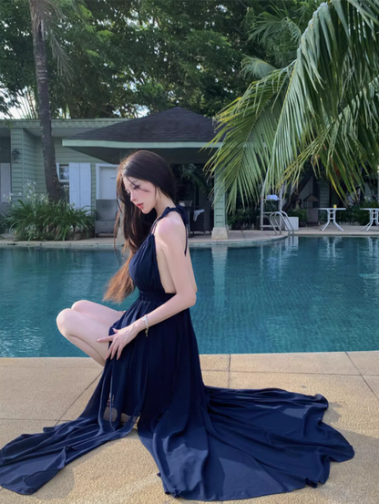 Versatile Navy Blue V-Neck Maxi Dress Fashionable Cutout Slit Beachside Events Halter Long Dress AP1518