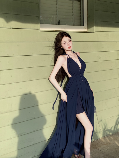Versatile Navy Blue V-Neck Maxi Dress Fashionable Cutout Slit Beachside Events Halter Long Dress AP1518