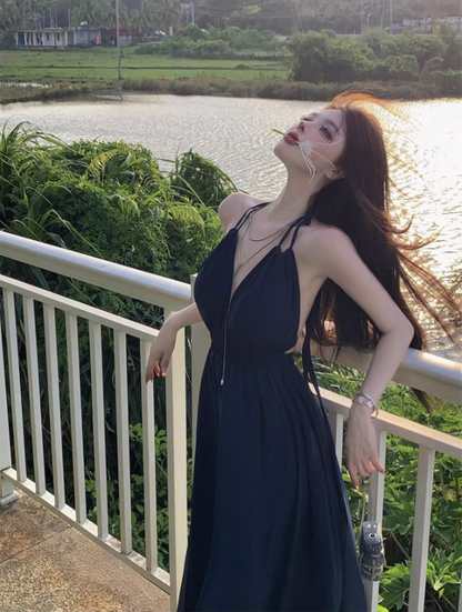 Versatile Navy Blue V-Neck Maxi Dress Fashionable Cutout Slit Beachside Events Halter Long Dress AP1518