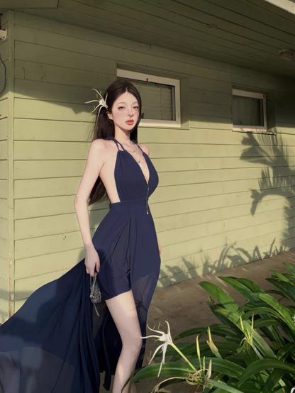 Versatile Navy Blue V-Neck Maxi Dress Fashionable Cutout Slit Beachside Events Halter Long Dress AP1518