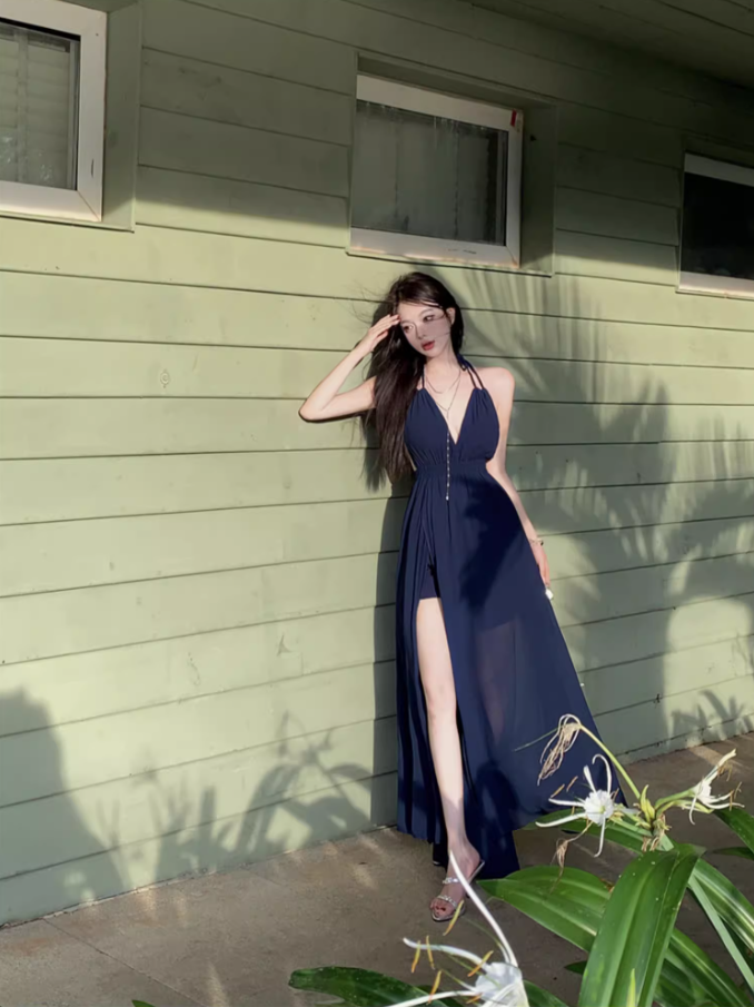 Versatile Navy Blue V-Neck Maxi Dress Fashionable Cutout Slit Beachside Events Halter Long Dress AP1518