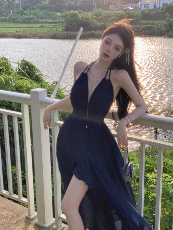 Versatile Navy Blue V-Neck Maxi Dress Fashionable Cutout Slit Beachside Events Halter Long Dress AP1518