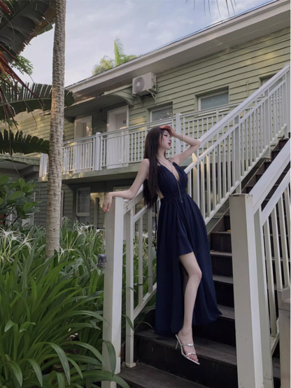 Versatile Navy Blue V-Neck Maxi Dress Fashionable Cutout Slit Beachside Events Halter Long Dress AP1518