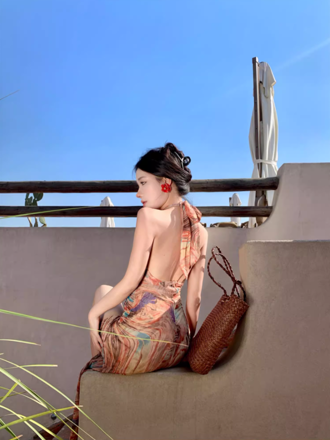 Sexy Marble-Print Waist Cutout Maxi Dress Chic Beachside Events High-Slit Backless Tie-Back Halter Long Dress AP1519