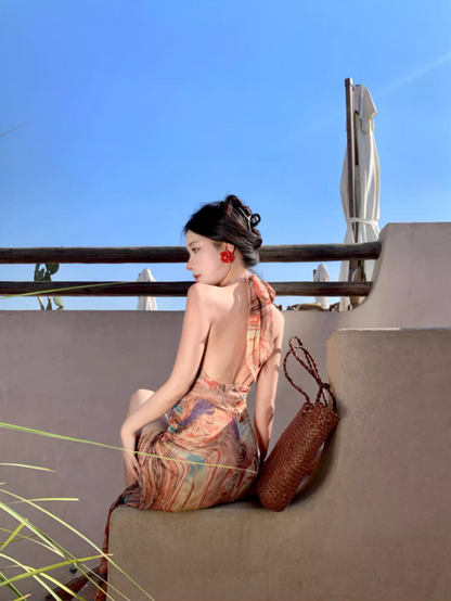 Sexy Marble-Print Waist Cutout Maxi Dress Chic Beachside Events High-Slit Backless Tie-Back Halter Long Dress AP1519