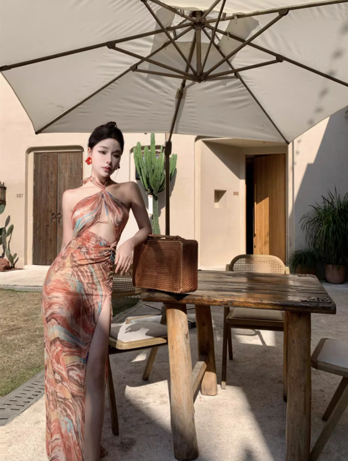 Sexy Marble-Print Waist Cutout Maxi Dress Chic Beachside Events High-Slit Backless Tie-Back Halter Long Dress AP1519