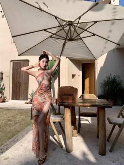 Sexy Marble-Print Waist Cutout Maxi Dress Chic Beachside Events High-Slit Backless Tie-Back Halter Long Dress AP1519