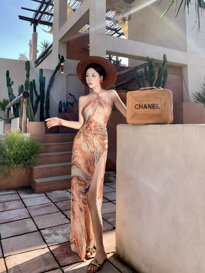Sexy Marble-Print Waist Cutout Maxi Dress Chic Beachside Events High-Slit Backless Tie-Back Halter Long Dress AP1519