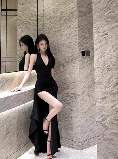 Sexy Open-Back LBD Bodycon Maxi Dress Niche High-Slit Tie-Bow Halter Long Dress AP1520