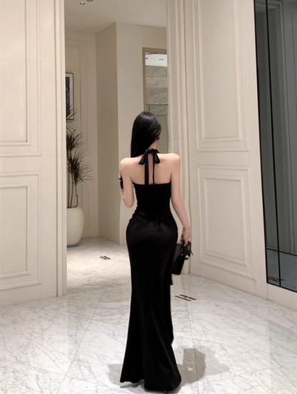 Sexy Open-Back LBD Bodycon Maxi Dress Niche High-Slit Tie-Bow Halter Long Dress AP1520