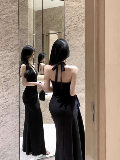Sexy Open-Back LBD Bodycon Maxi Dress Niche High-Slit Tie-Bow Halter Long Dress AP1520