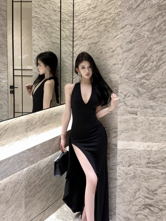 Sexy Open-Back LBD Bodycon Maxi Dress Niche High-Slit Tie-Bow Halter Long Dress AP1520