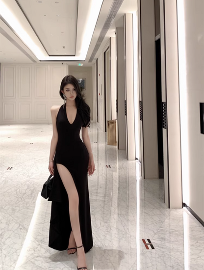 Sexy Open-Back LBD Bodycon Maxi Dress Niche High-Slit Tie-Bow Halter Long Dress AP1520