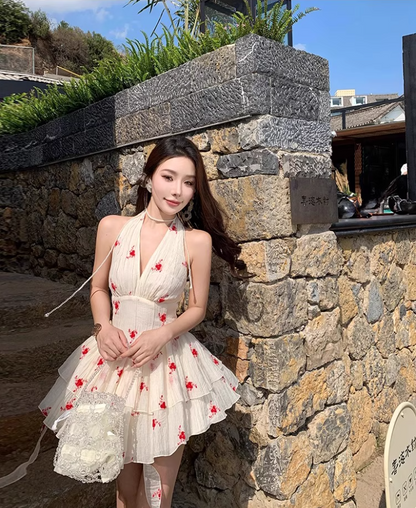 Hot Sales Ruffled Tiered Hem Mini Skirt Sleeveless Seaside Holiday Cream Floral Halter Short Dress AP1521