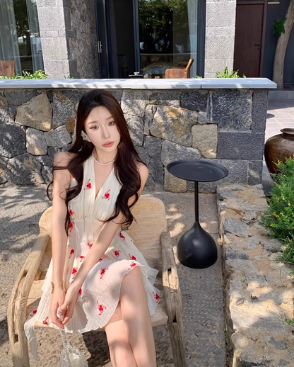 Hot Sales Ruffled Tiered Hem Mini Skirt Sleeveless Seaside Holiday Cream Floral Halter Short Dress AP1521