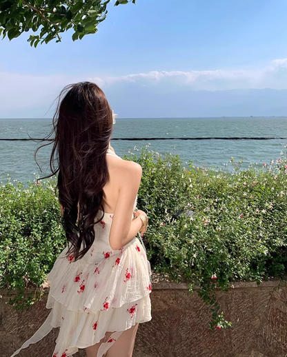 Hot Sales Ruffled Tiered Hem Mini Skirt Sleeveless Seaside Holiday Cream Floral Halter Short Dress AP1521