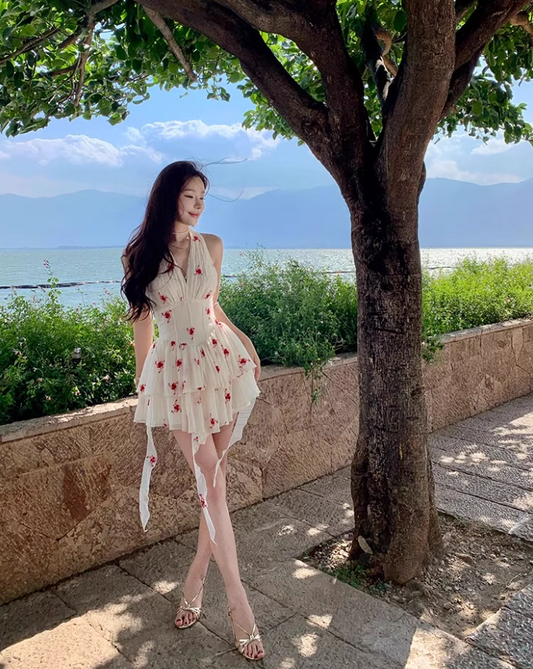 Hot Sales Ruffled Tiered Hem Mini Skirt Sleeveless Seaside Holiday Cream Floral Halter Short Dress AP1521