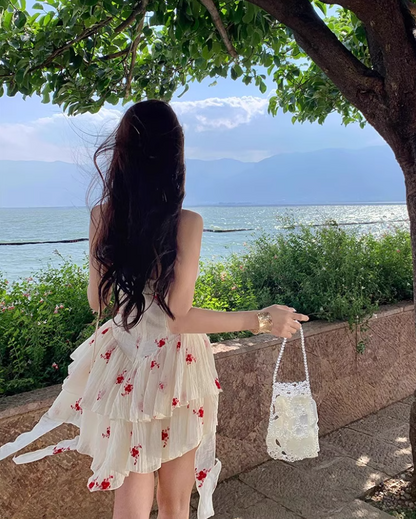 Hot Sales Ruffled Tiered Hem Mini Skirt Sleeveless Seaside Holiday Cream Floral Halter Short Dress AP1521