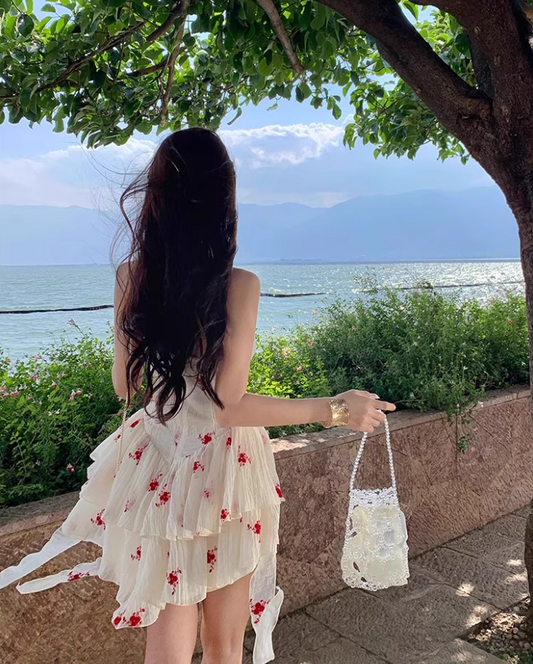 Hot Sales Ruffled Tiered Hem Mini Skirt Sleeveless Seaside Holiday Cream Floral Halter Short Dress AP1521