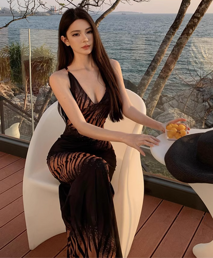 Gen Z Leopard Spaghetti Strap Maxi Dress Hot Girls Stylish Shoots Crisscross Back Long Dress AP1522